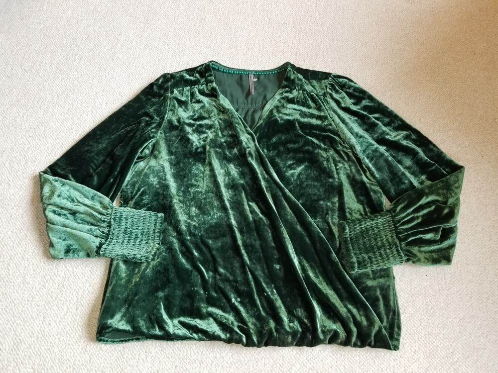 NWOT Womens Top-by ANTHROPOLOGIE-green rayon blend velvet lined faux wrap ls-XL